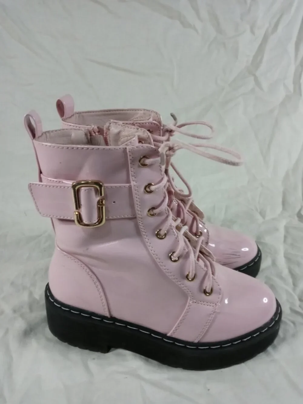Shein Cute Pink Black Girls Lace & Zip Up Combat Style Boots Size 1 in Good Cond